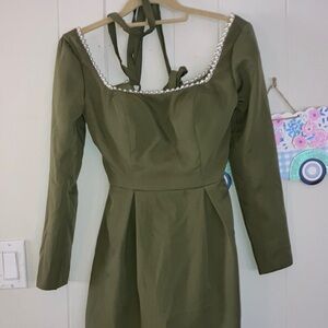 Adorable Olive Green Pearl trim Cocktail Dress NWT